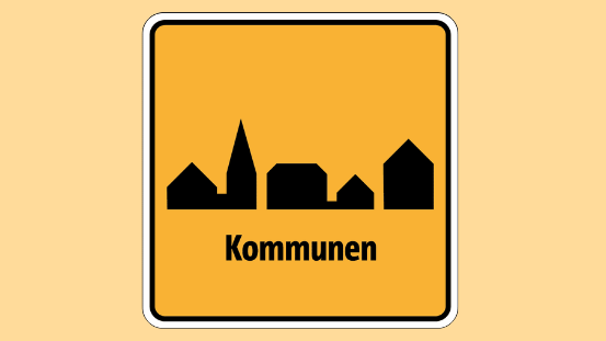 Symposium "Zukunftsfähige Kommunen, Tarifpolitik und Finanzen" Grafik Kommmunen, symbolisiert Häuser auf gelben Hintergrund