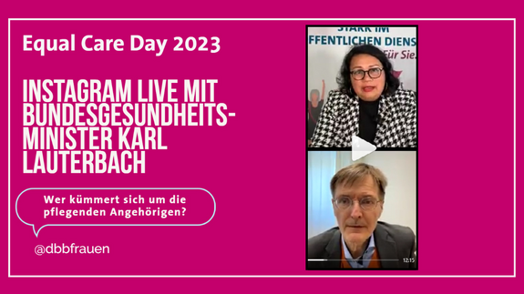 dbb bundesfrauenvertretung Karl Lauterbach Grafik zum Instagram-Live der dbb frauen mit Bundesgesundheitsminister Karl Lauterbach und dbb frauen Chefin Milanie Kreutz anlässlich des Equal Care Day am 1. März 2023